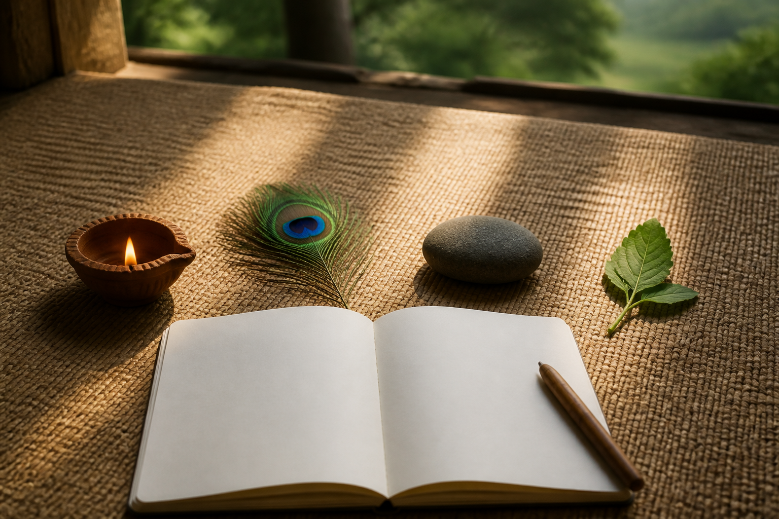 A blank notebook lies beside a clay lamp, peacock feather, river stone, and green leaf arranged on a woven mat.