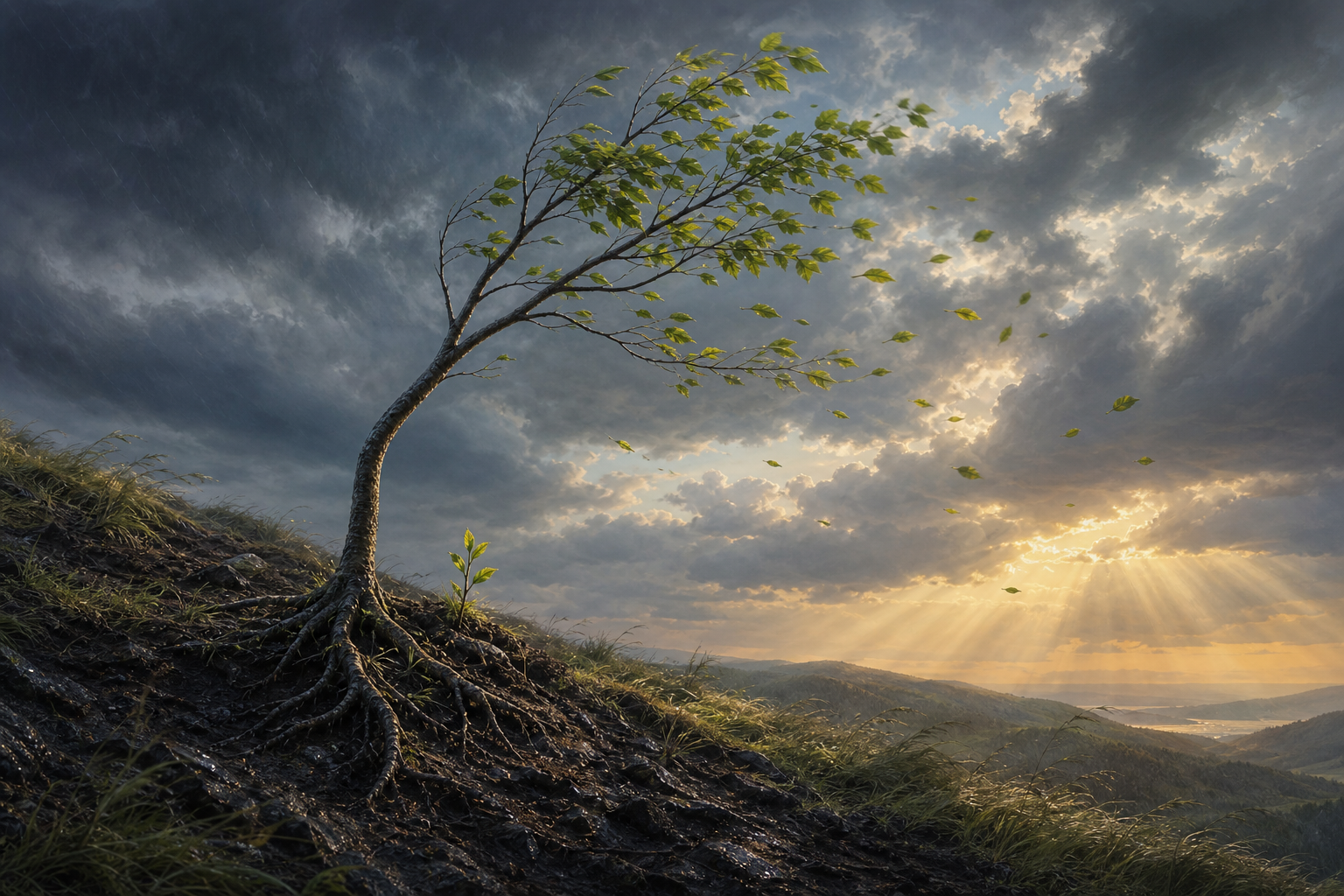 A rooted young tree bends in strong wind while its upper branches reach toward clearing sunlight.
