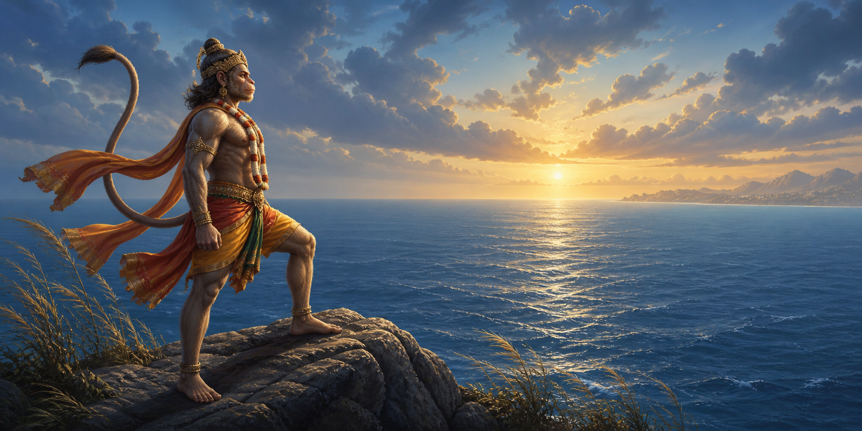 Hanuman stands poised on a rocky coastal summit at dawn, looking across a vast ocean toward a distant shore.