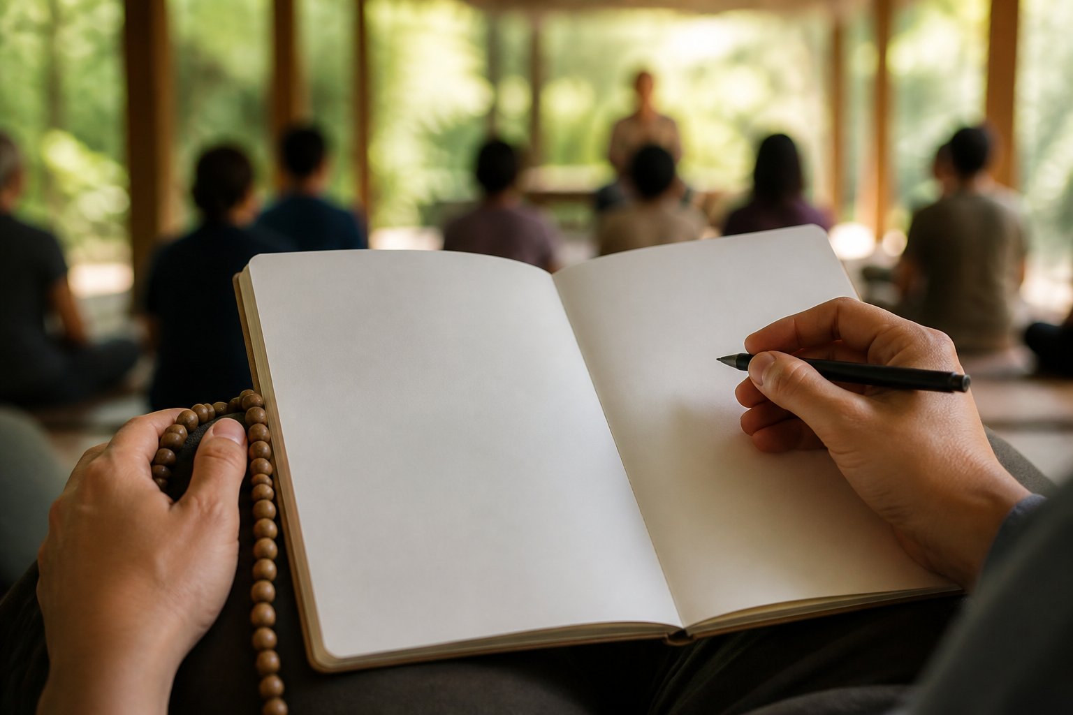 A listener holds a pen over a blank open notebook while wooden prayer beads rest beside the pages.