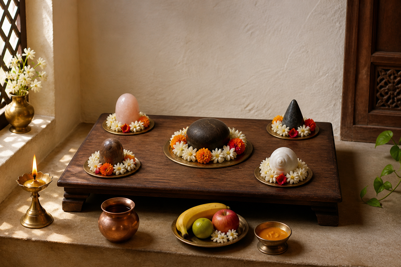A home Panchayatana shrine with one sacred form at the center, four arranged around it, flowers, offerings, a copper vessel, and a lit brass lamp.
