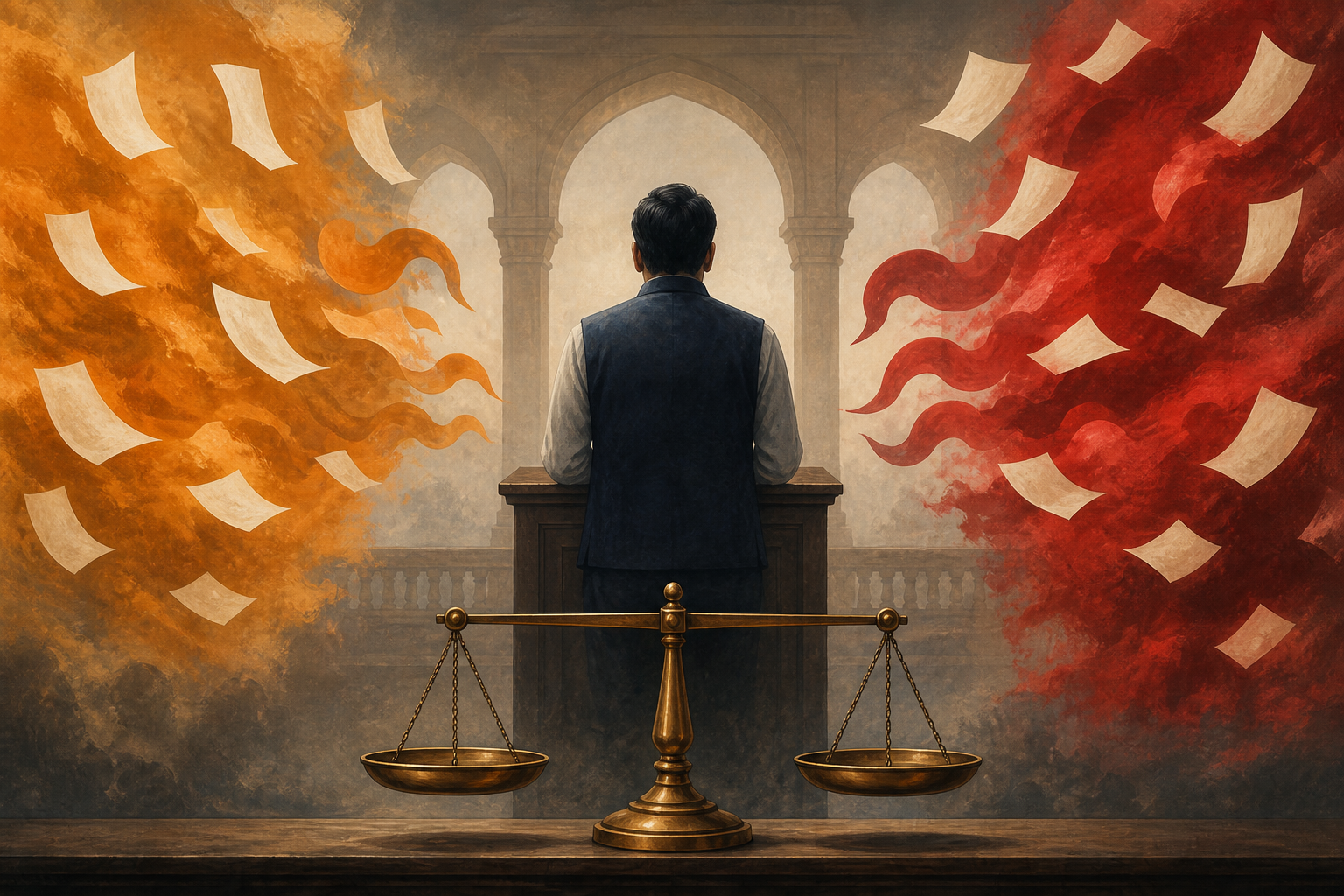 An anonymous official stands at a lectern between muted saffron and red clouds of political rhetoric, with a balanced brass scale in the foreground.