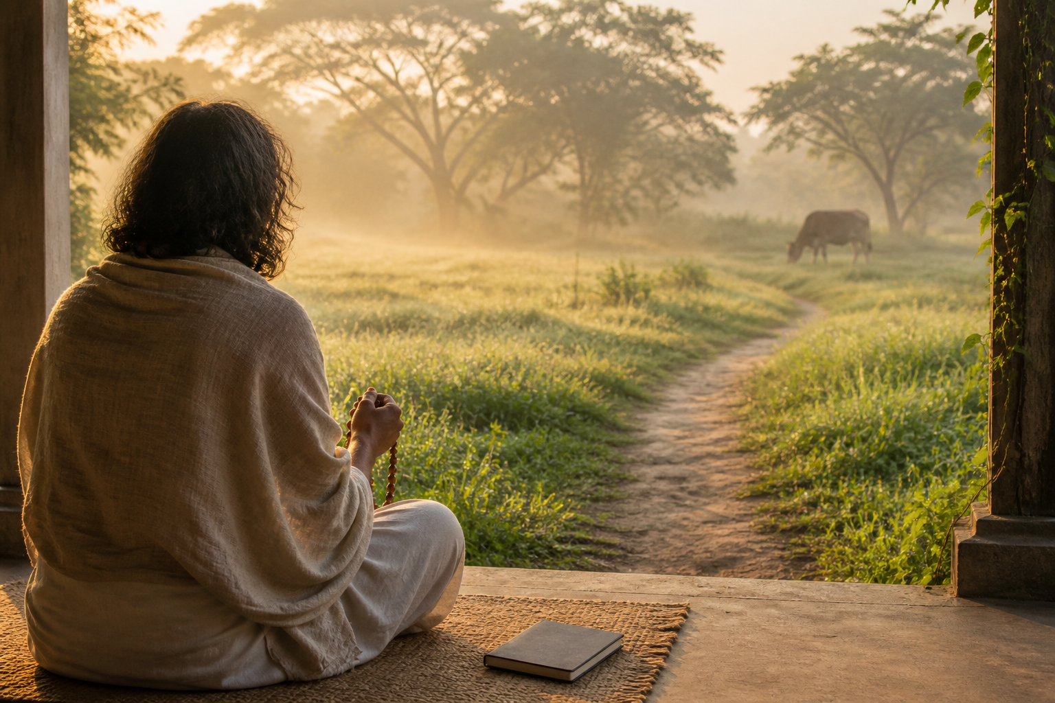 A person practices quietly with wooden prayer beads on a veranda while a closed notebook rests nearby and a cow grazes beyond the path.
