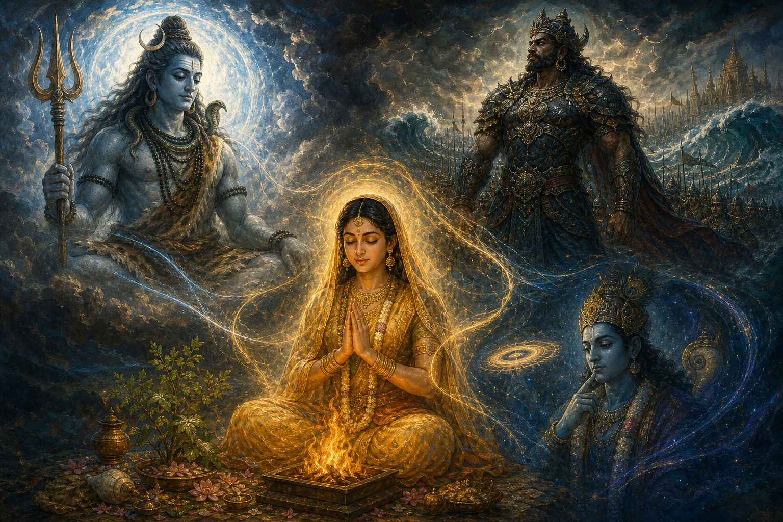 Vrinda prays at the luminous centre while Shiva, the warrior king Jalandhara and Vishnu represent the four powers in conflict around her.