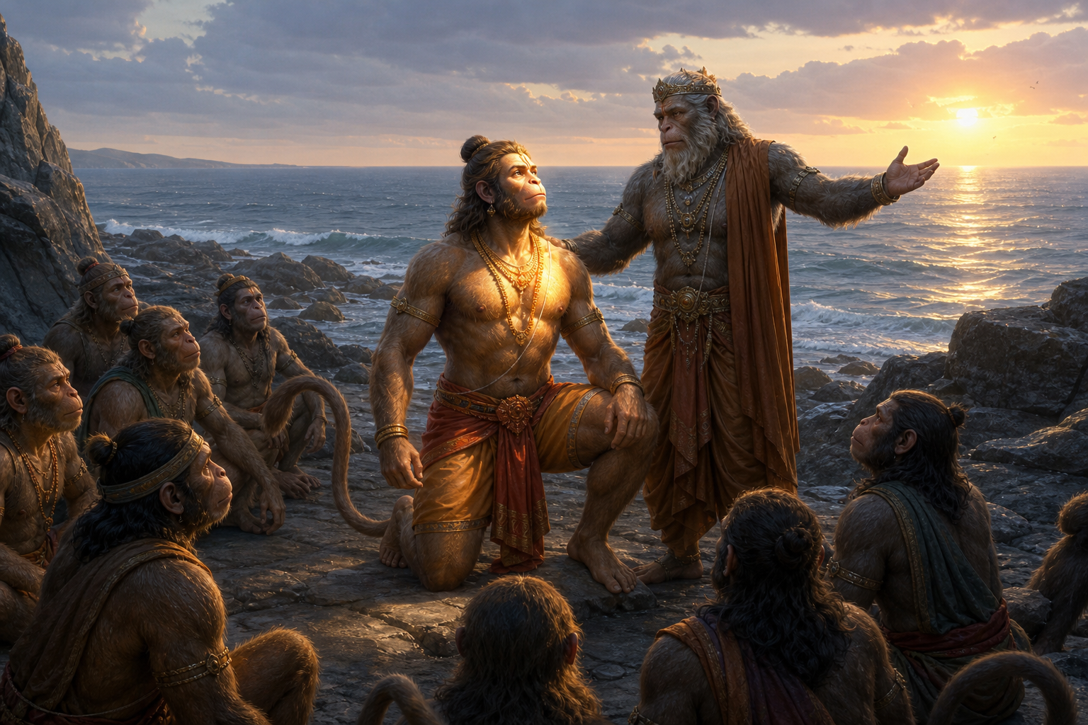 Jambavan gestures toward the horizon as Hanuman rises with renewed resolve among companions beside the ocean.