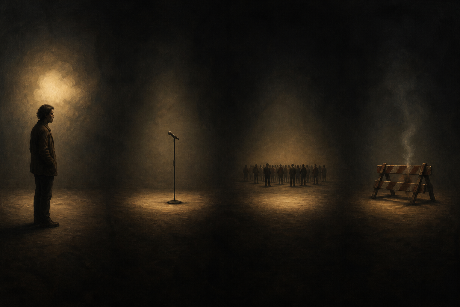 A fictional figure, a microphone, a distant crowd, and an abandoned barricade appear in four separate pools of light.