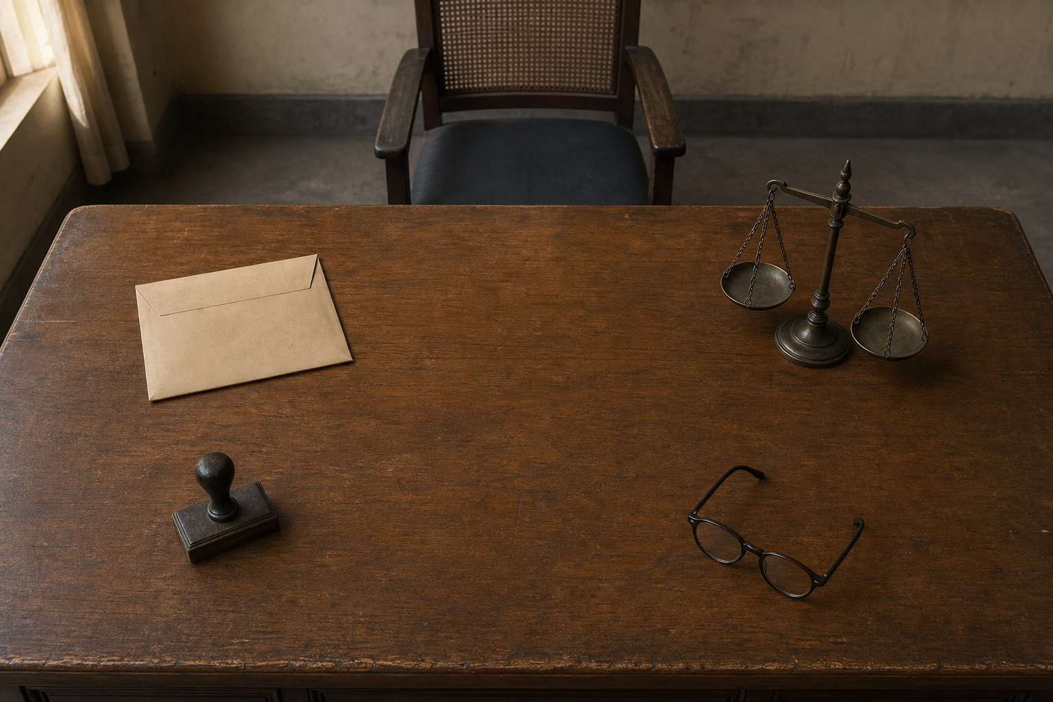 A period administrative desk holds a sealed envelope, an unused stamp, an empty balance scale, and reading glasses beside a vacant chair.