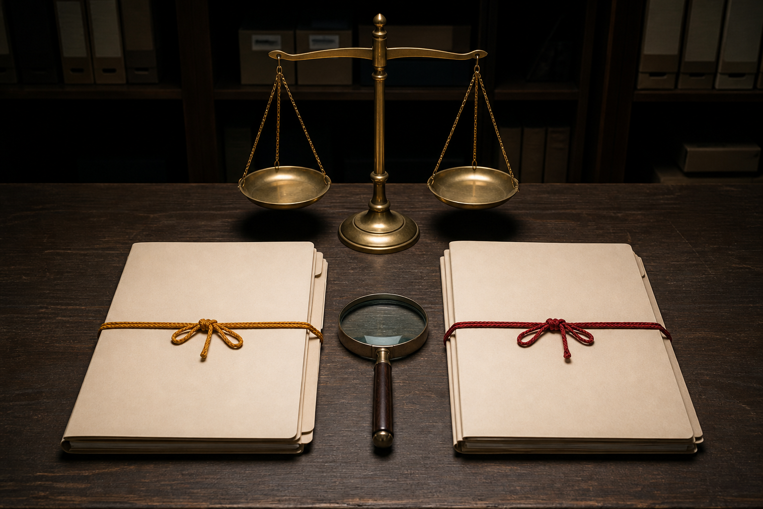 Two identical blank case folders with saffron and red cords sit beneath the same light beside a magnifying glass and balanced scale.