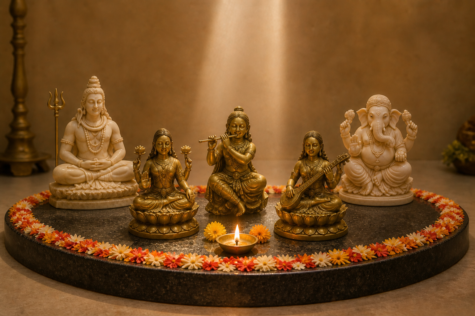 Five sacred forms share one flower-ringed platform, with the central form highlighted by a gentle beam of morning light.
