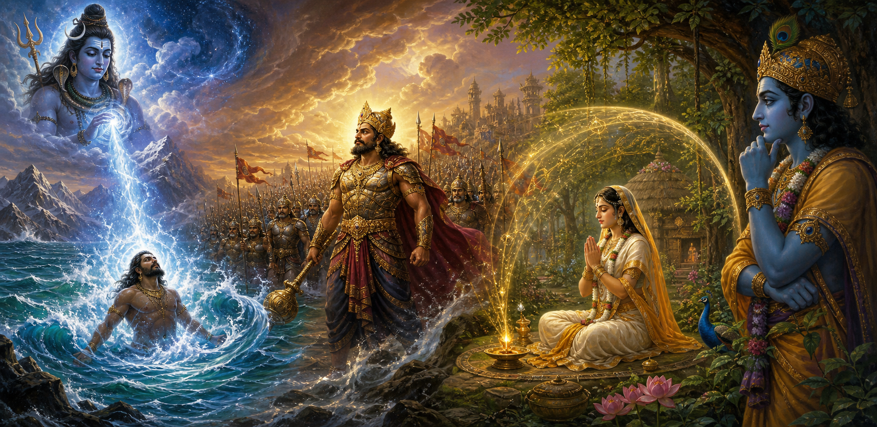 A continuous mythic landscape links Shiva's radiance, Jalandhara's rise from the ocean, Vrinda's protective prayer and Vishnu's watchful strategy.