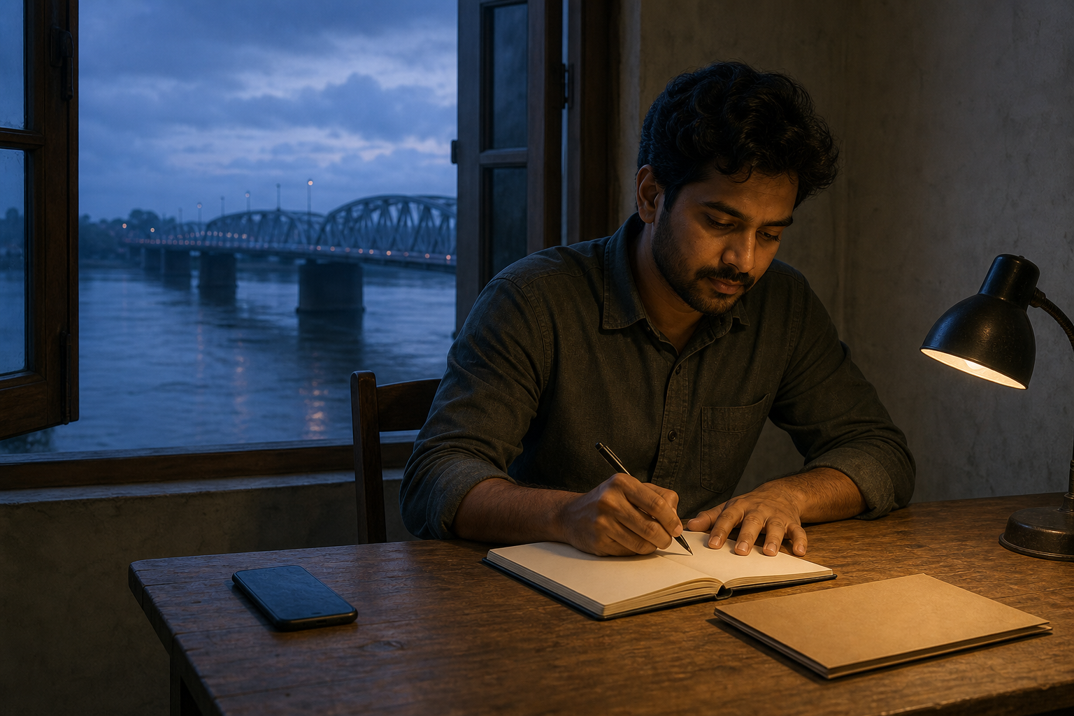 A person begins a focused task at an uncluttered desk before sunrise, with a wide river and distant bridge visible through the window.