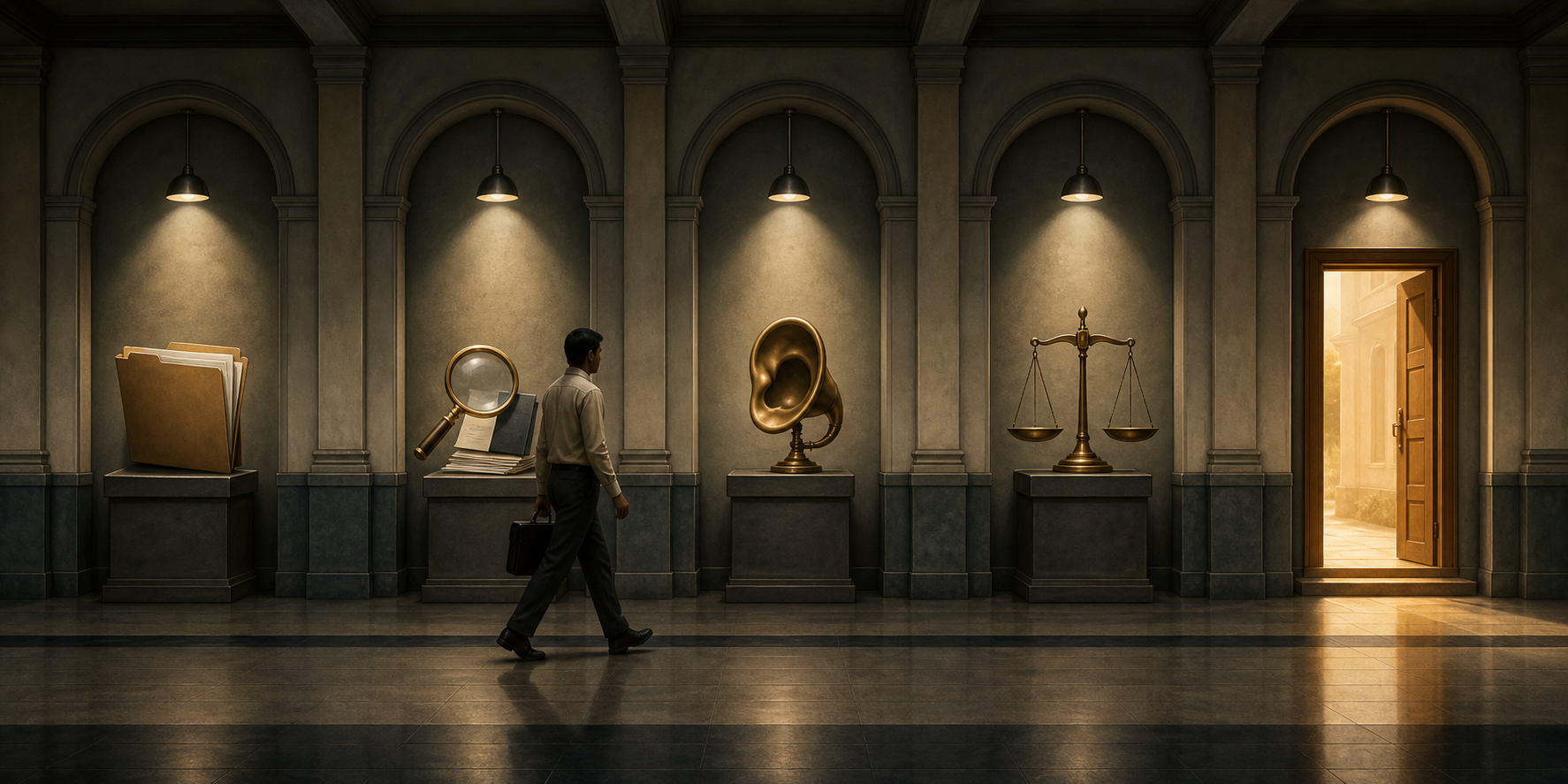 An anonymous office worker moves through five illuminated procedural thresholds symbolized by a folder, magnifying lens, speaking horn, balance scale, and open doorway.