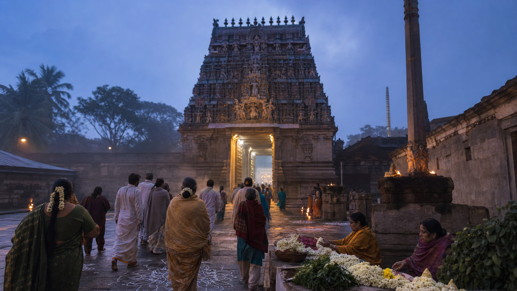 Devotees approach a lamp-lit South Indian temple in Chennai before sunrise during Margazhi, with a gopuram, kolam designs, and flower offerings visible.