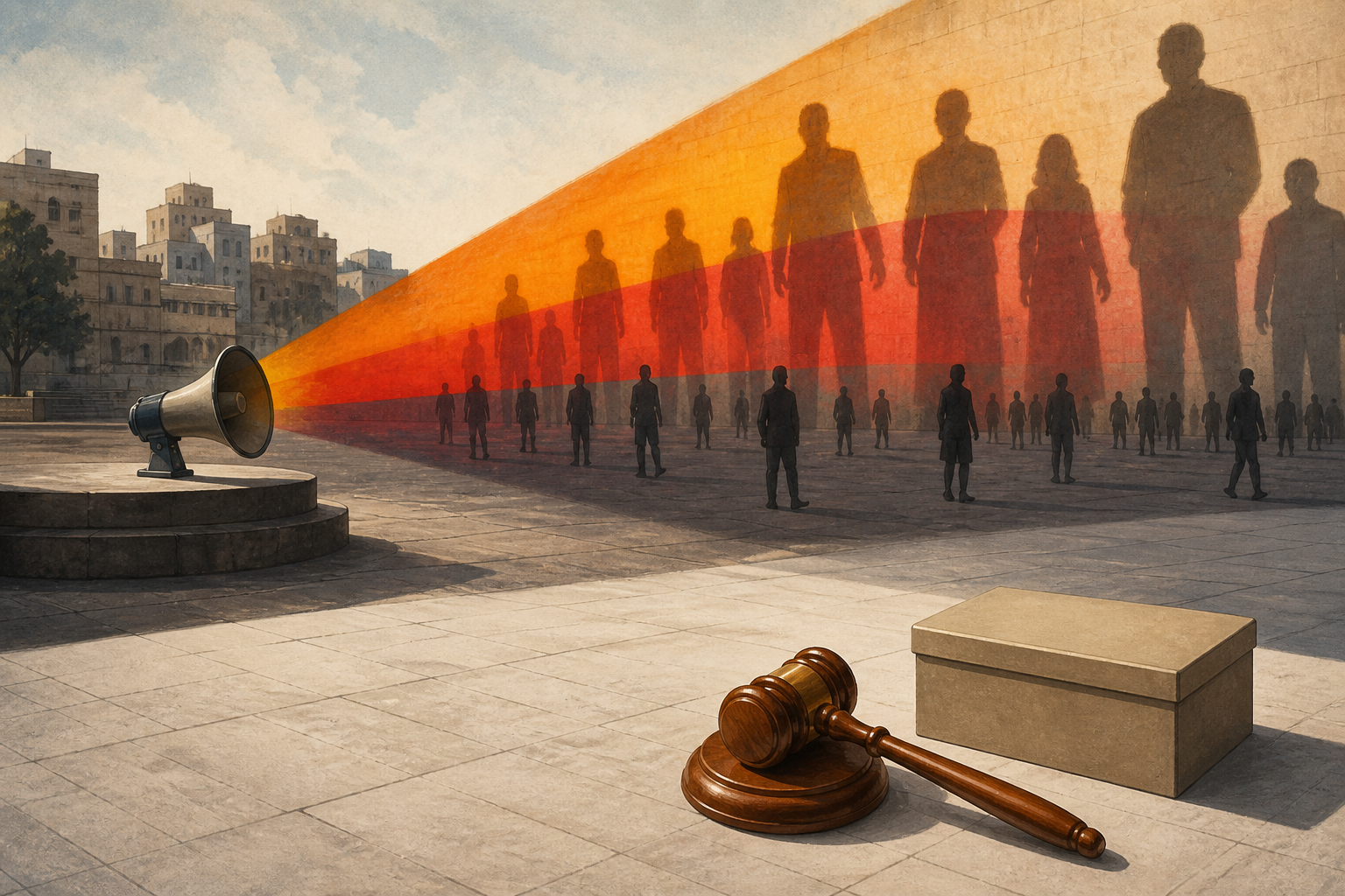 An empty megaphone casts enlarged colored shadows of anonymous people while a gavel and closed evidence box remain in clear light.
