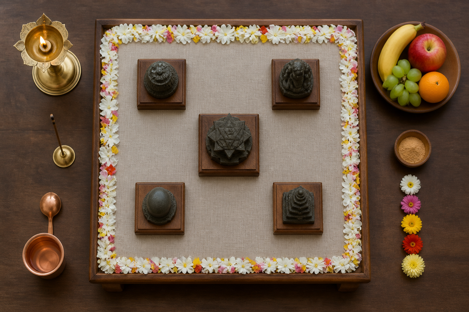 Overhead view of a Panchayatana altar with one sacred form in the center, four at the surrounding quarters, and neatly arranged puja items.