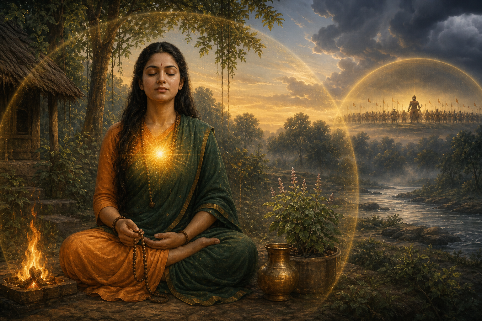 Vrinda meditates beside a sacred fire and tulsi plant as a golden protective aura extends toward Jalandhara's distant army.