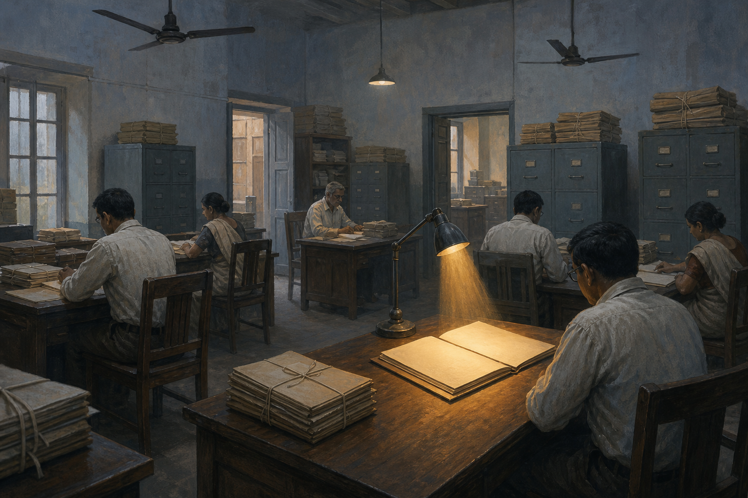 Several clerks work in a period records office while an inspection lamp focuses narrowly on one open file.