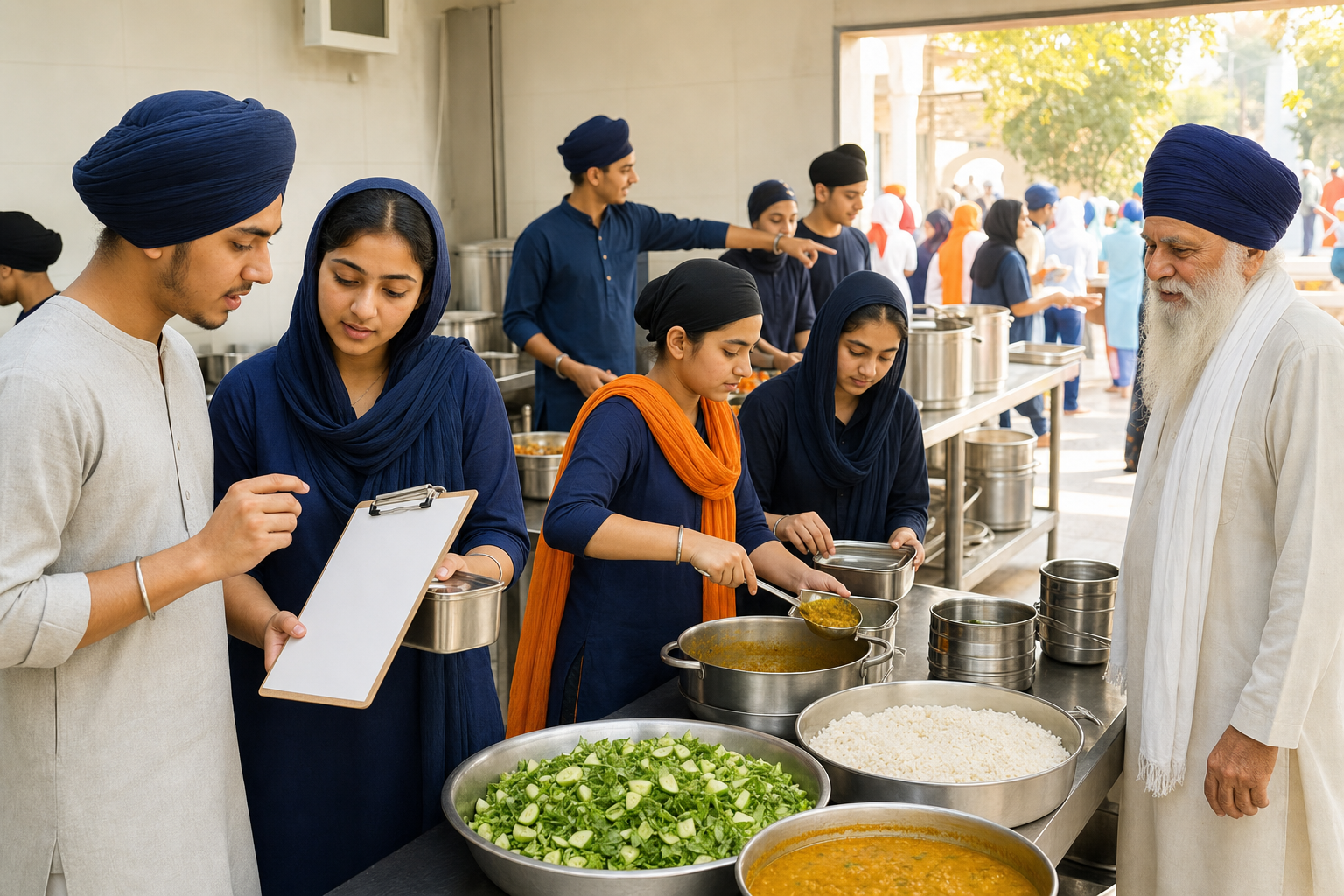 Sikh youth plan, prepare, and coordinate a community meal in a gurdwara langar kitchen with an older volunteer supporting them.