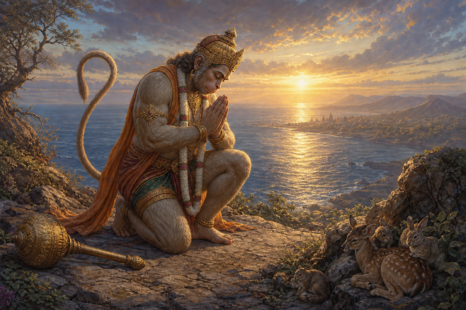 Hanuman kneels with joined hands on a coastal ridge, his mace resting beside him and the crossed ocean stretching behind.