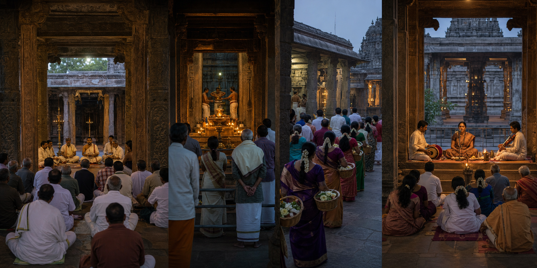 Four temple scenes show hymn recitation, ritual worship, devotees waiting with offerings, and a devotional music performance during Margazhi.