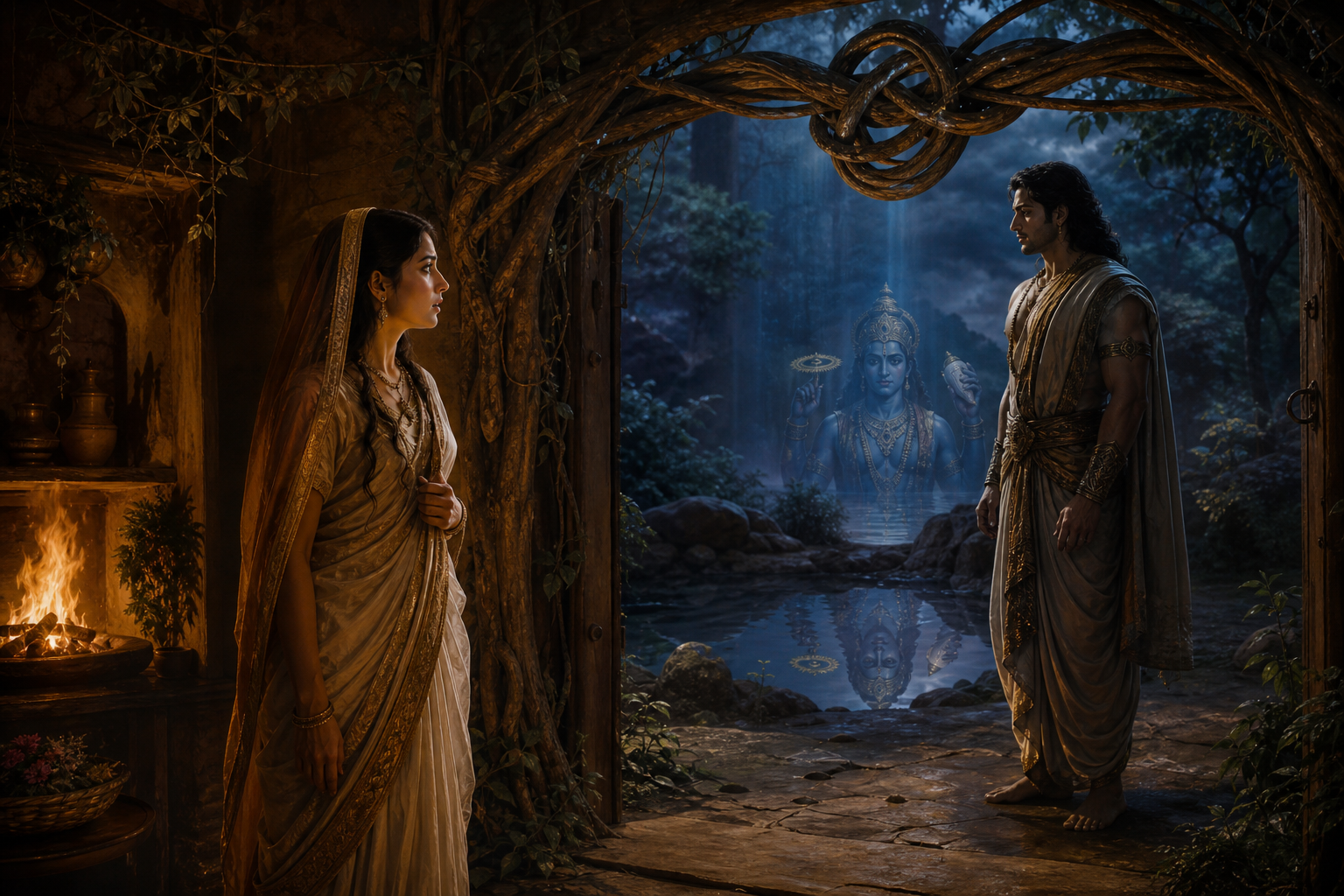 Vrinda confronts a visitor resembling Jalandhara while a pool reflection reveals Vishnu's divine form behind the disguise.