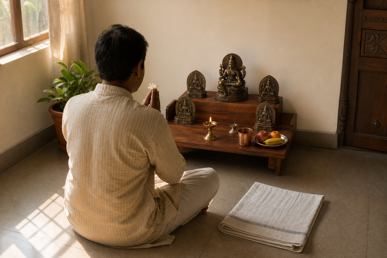 A devotee offers a flower before a modest five-form home shrine with a lamp, water cup, incense holder, and fruit at sunrise.