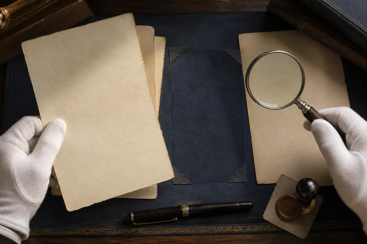 Gloved hands examine blank archival sheets with a magnifying glass beside an unpressed seal and a space for a missing record.