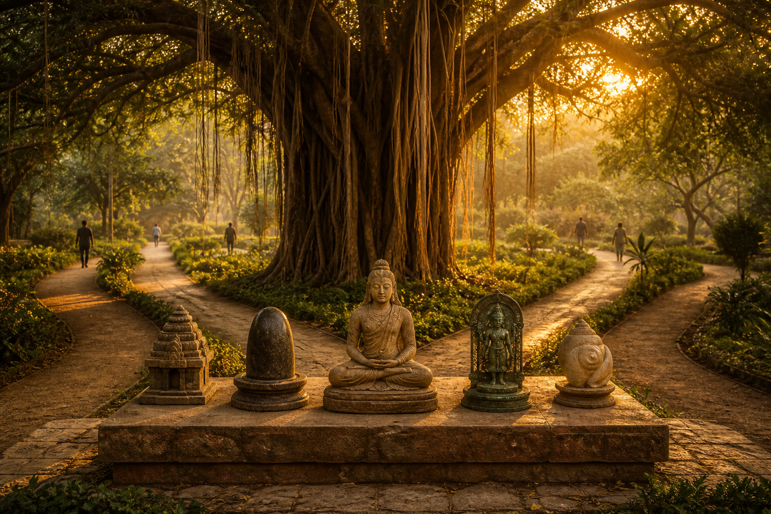 Five sacred forms rest together beneath a banyan tree as several garden paths converge and visitors approach from different directions.