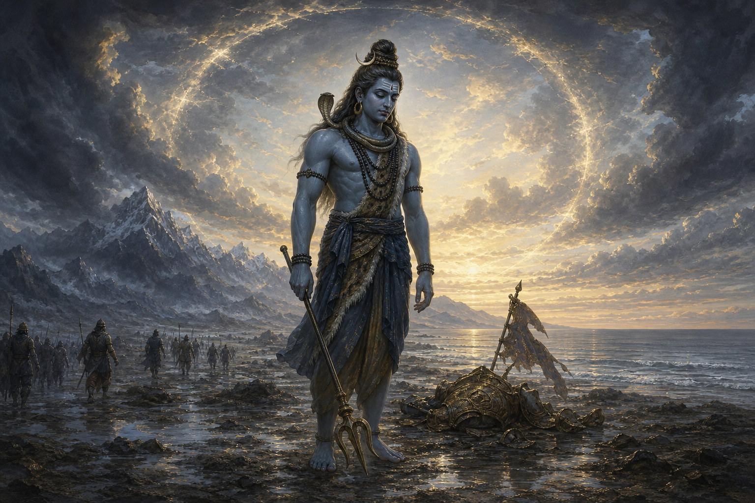 Shiva stands with his trident lowered as the battlefield quiets, the ocean settles and dawn light returns after Jalandhara's defeat.