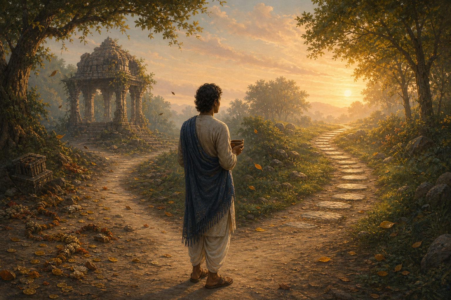 A traveler holding a clay lamp pauses at a fork between an ornate unstable path and a modest sunlit path in a forest.