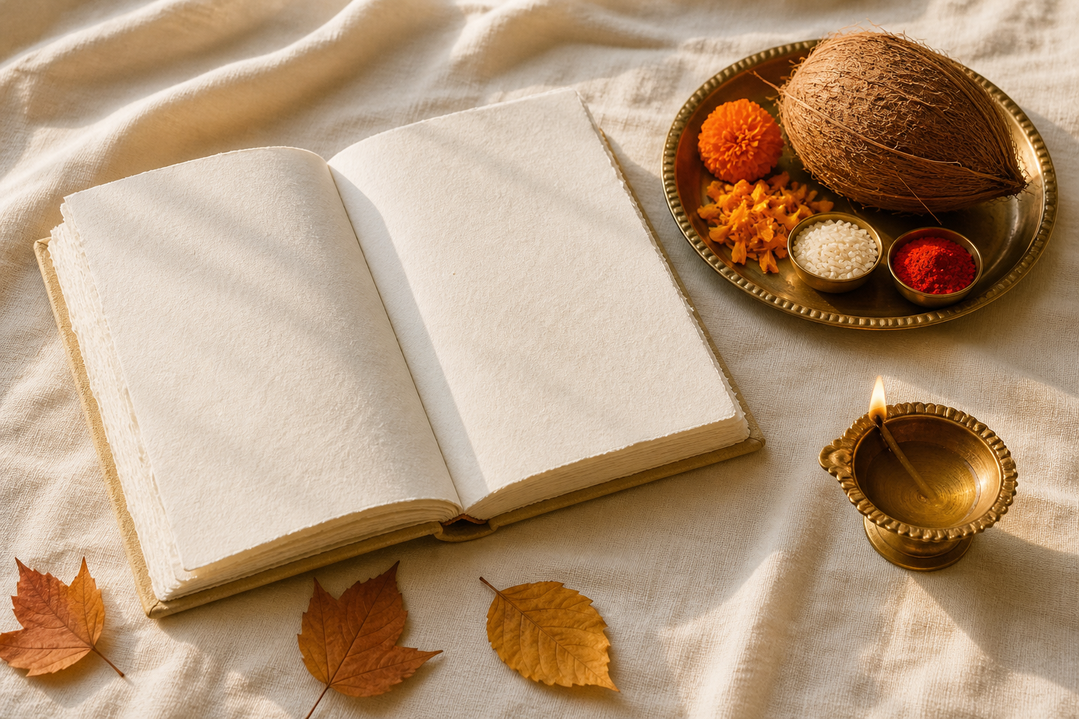 A blank planner lies beside a brass diya, marigold petals, rice, kumkum and a coconut on cream cloth.