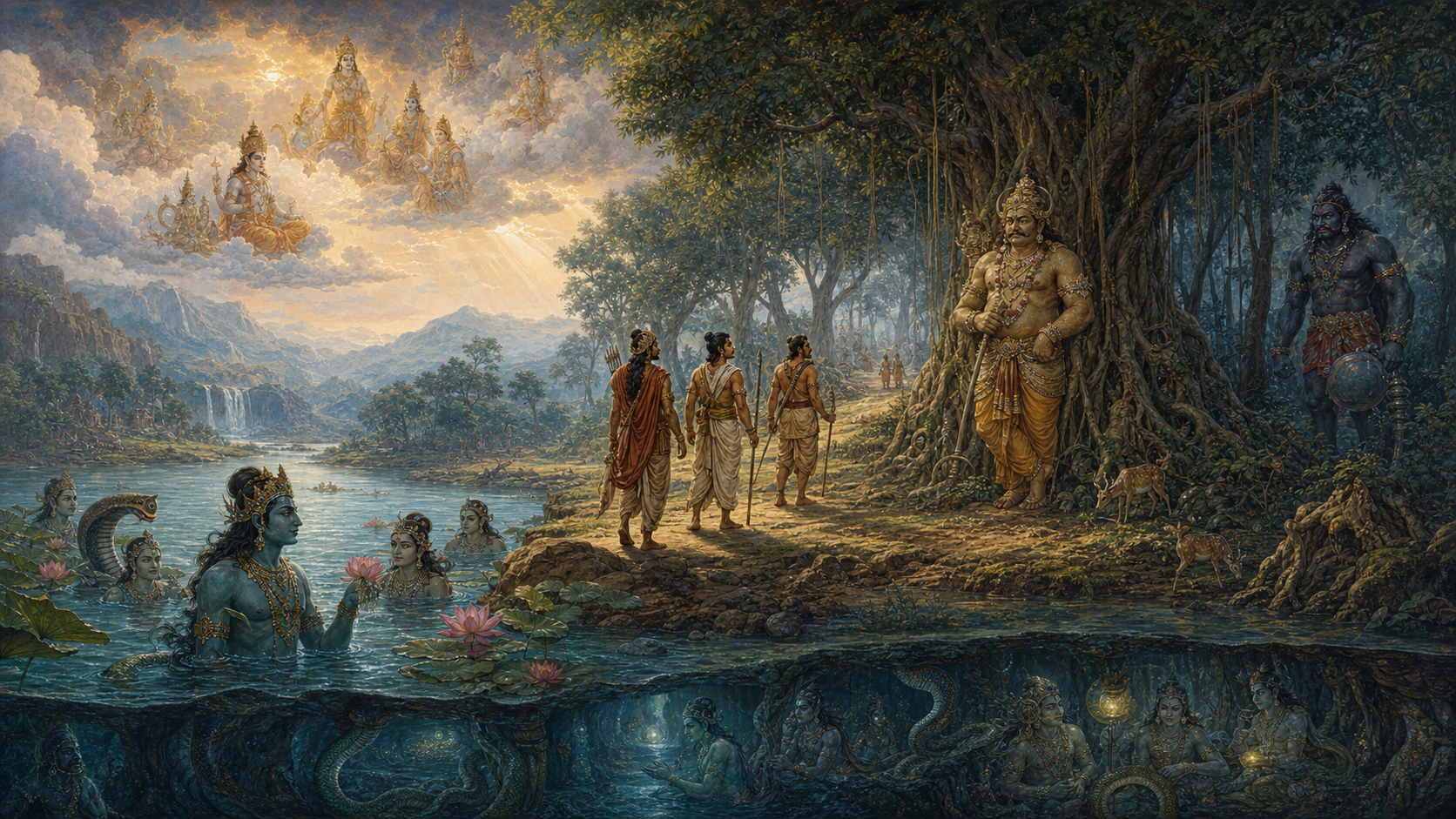 Human travelers stand between a river and forest while devas appear in the clouds, nagas gather near the water, a yaksha guards a banyan tree, and a rakshasa watches from the shade.