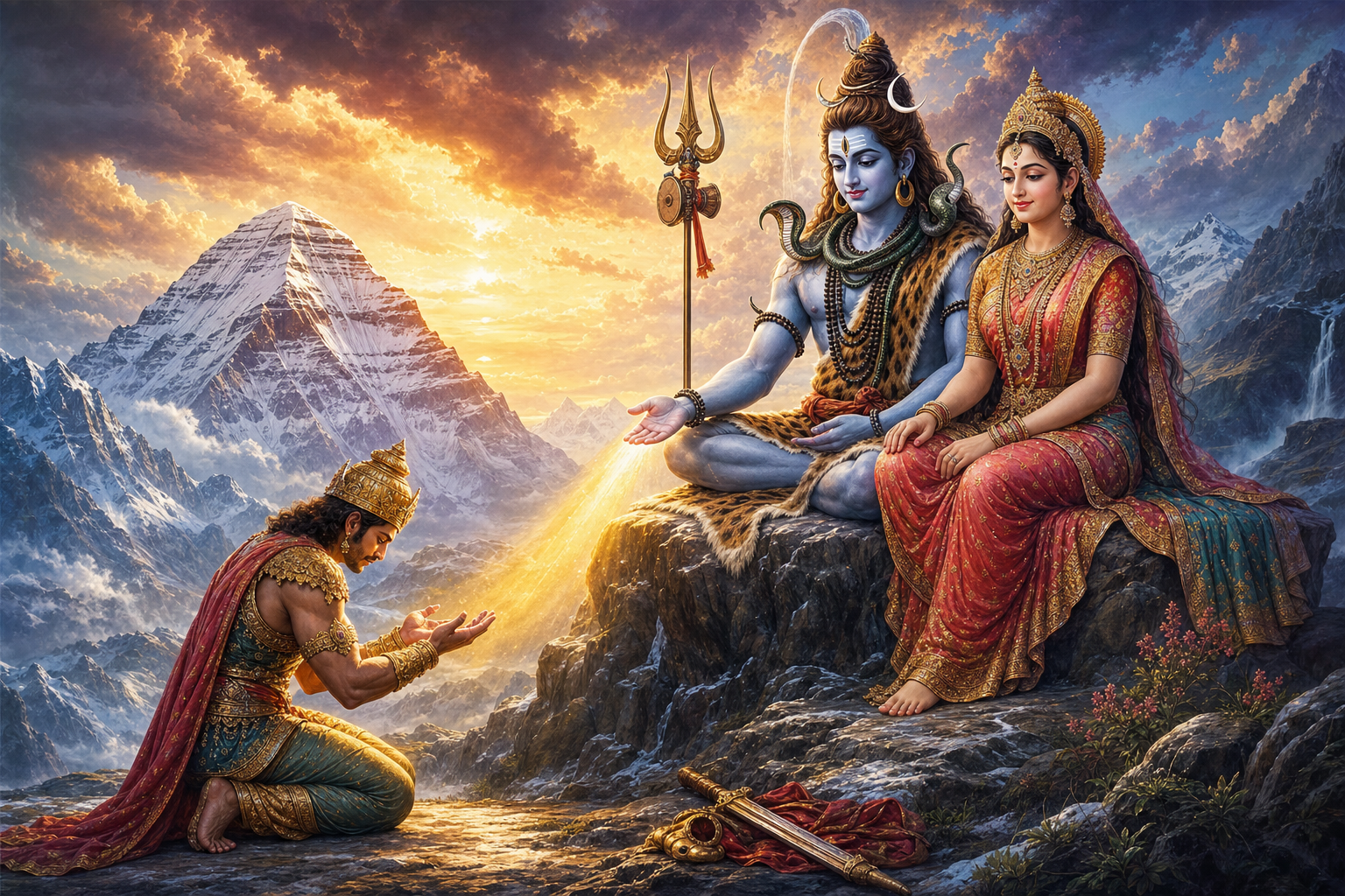Shiva and Parvati sit calmly on Mount Kailash as a crowned warrior kneels below them with open hands and a discarded weapon.