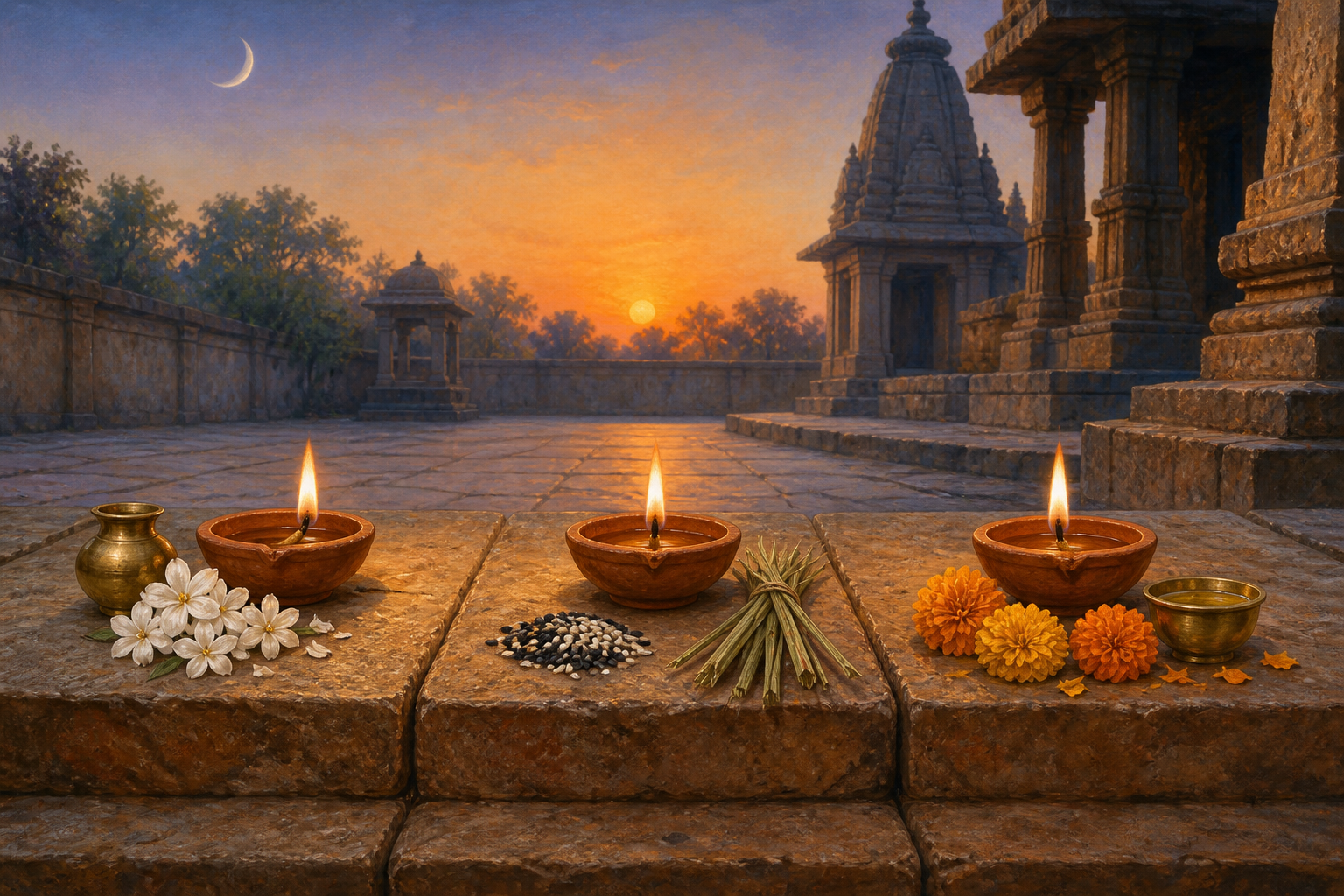 Three oil lamps with flowers, ritual vessels, sesame seeds and kusha grass are arranged on temple steps beneath a pale dawn moon.