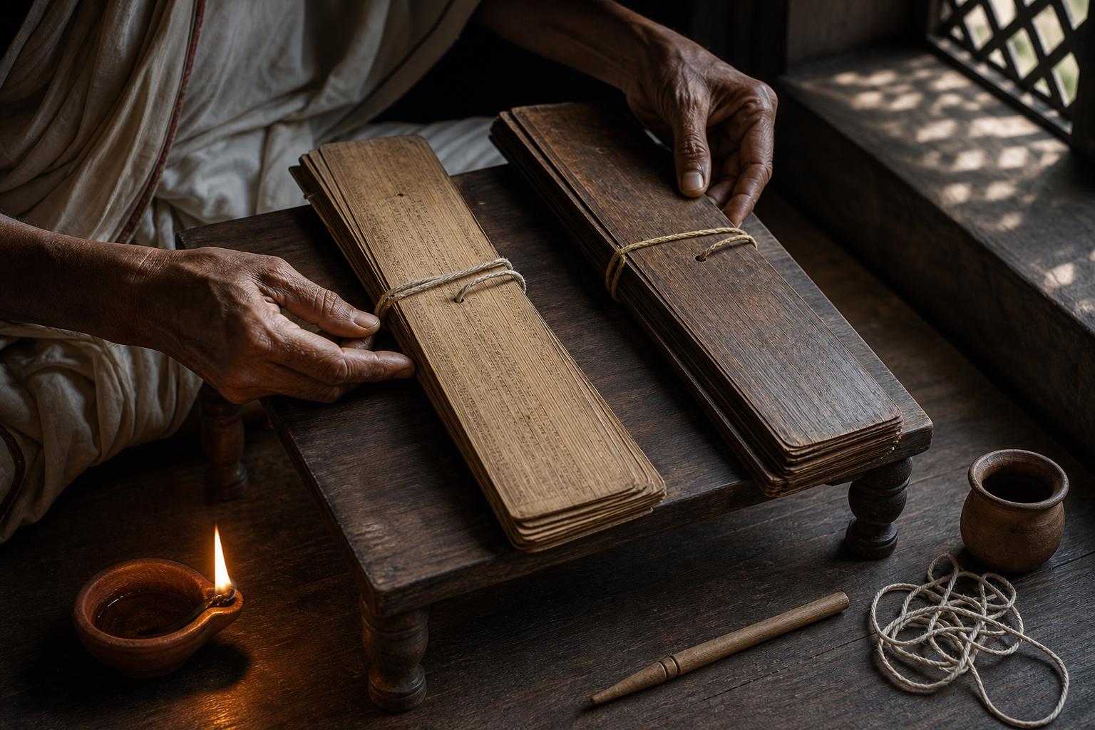 A scholar's hands compare two separate bundles of palm-leaf folios on a wooden stand beside an oil lamp and stylus.