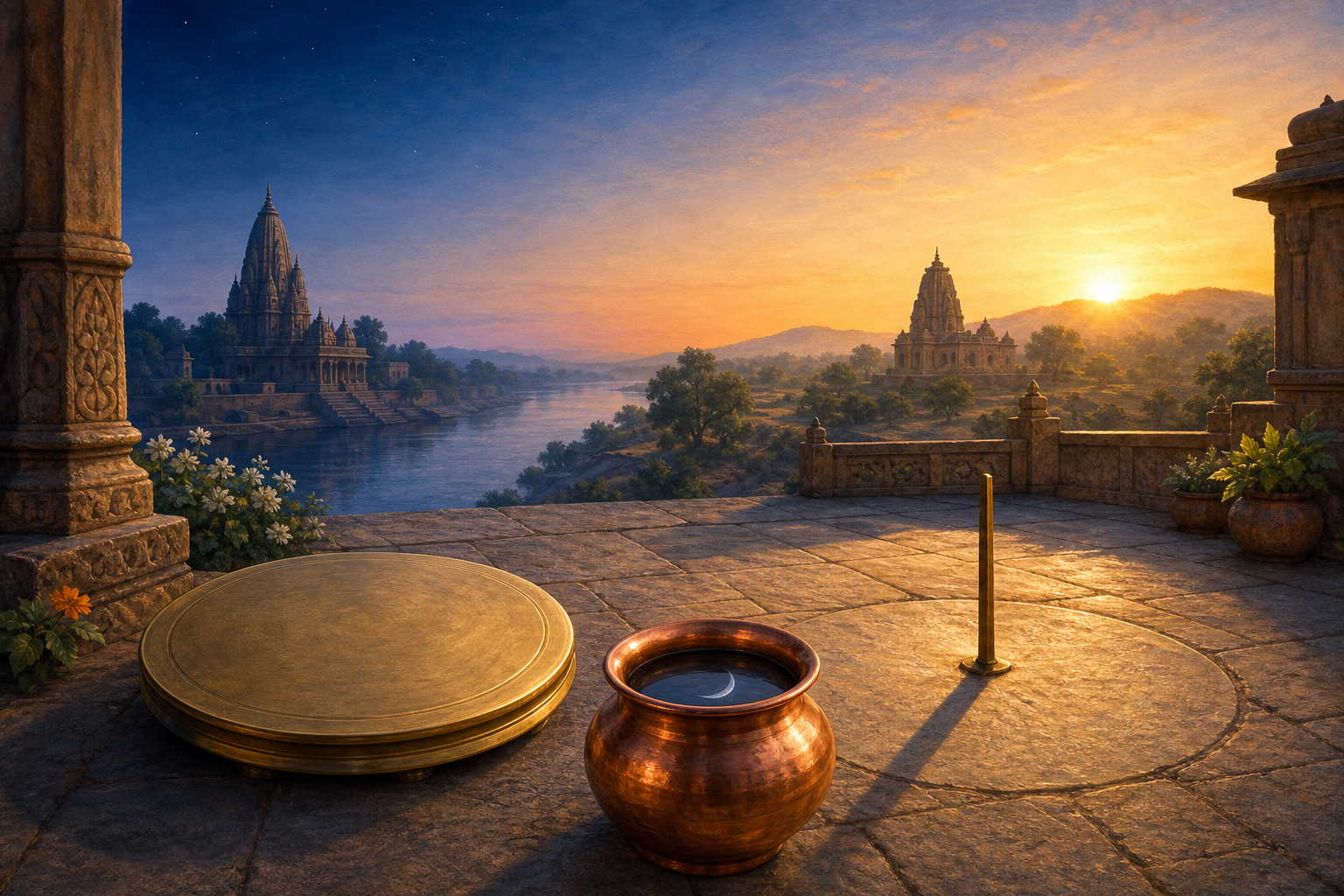 A brass astronomical instrument, a copper vessel reflecting the moon and a sunrise shadow stand between distant temple landscapes.