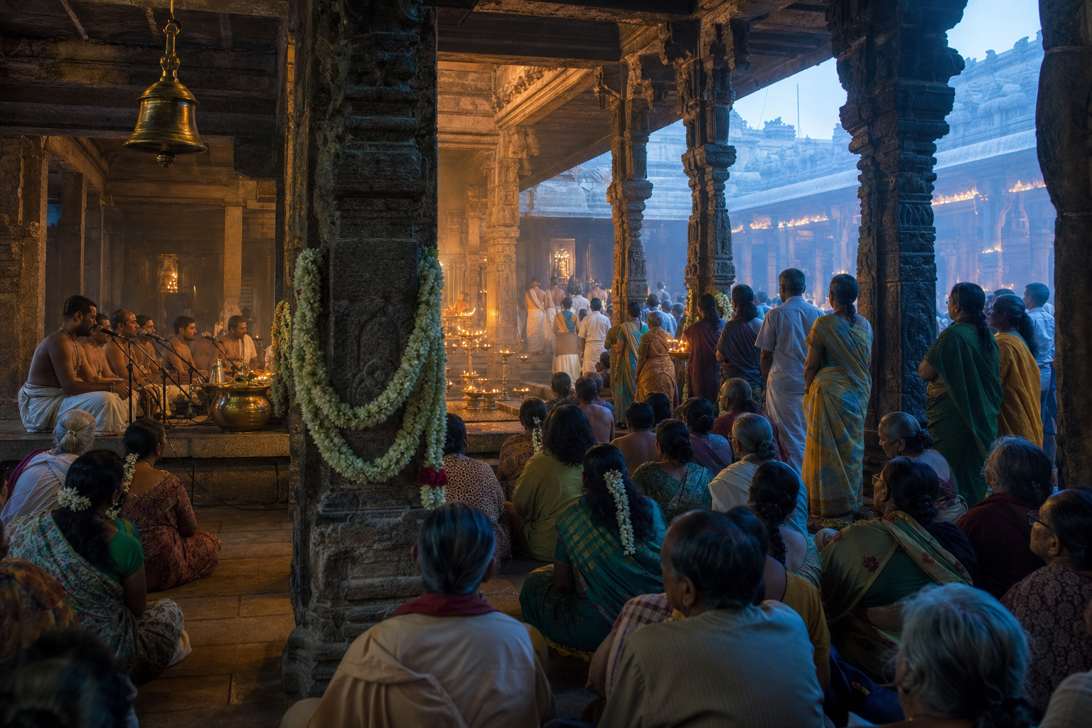 Worshippers listen to hymn recitation and wait in a queue inside a lamp-lit stone temple hall during a Margazhi morning observance.