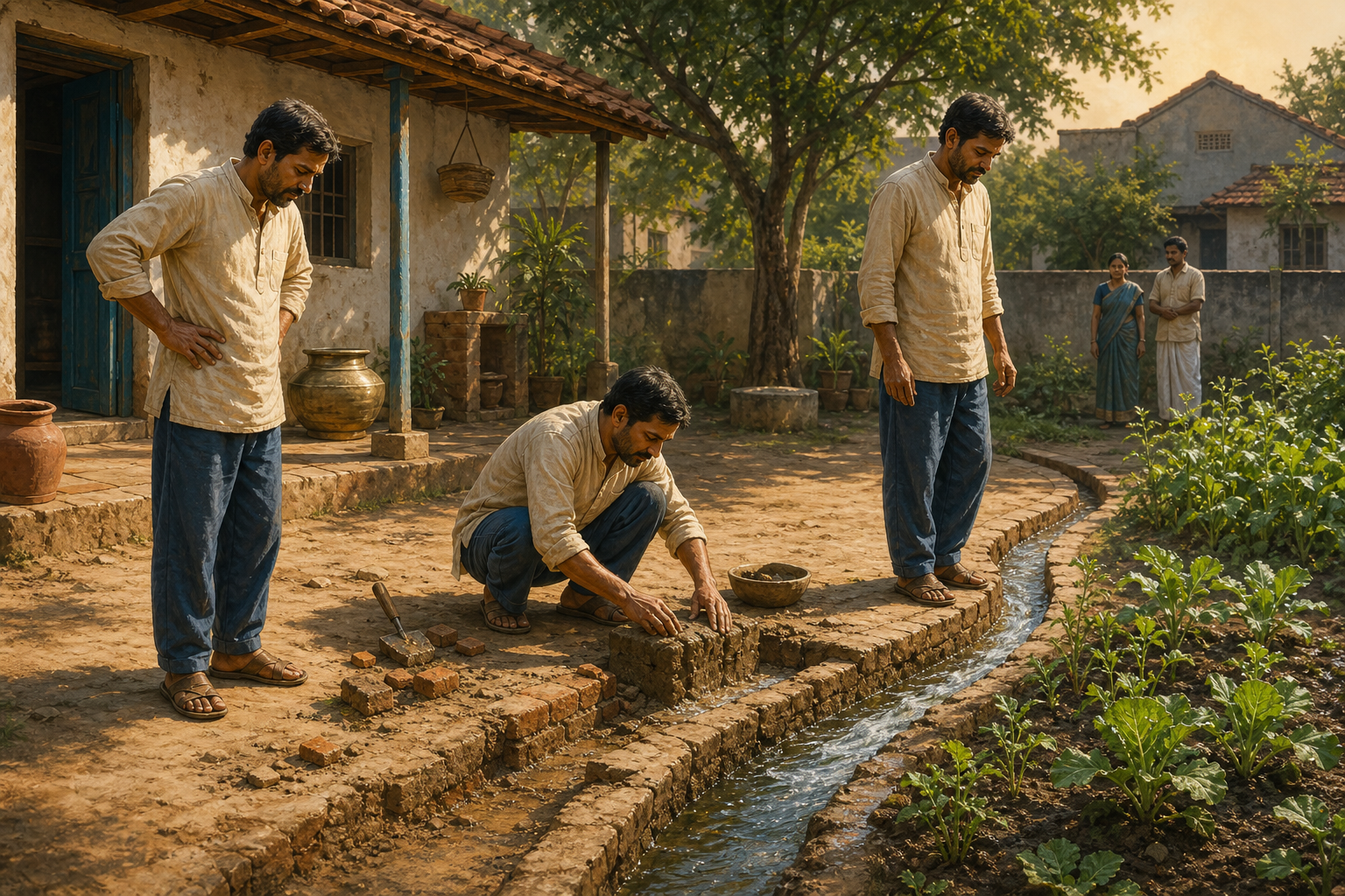 A householder notices and repairs a broken courtyard water channel, allowing water to reach a shared garden while neighbors remain in the background.