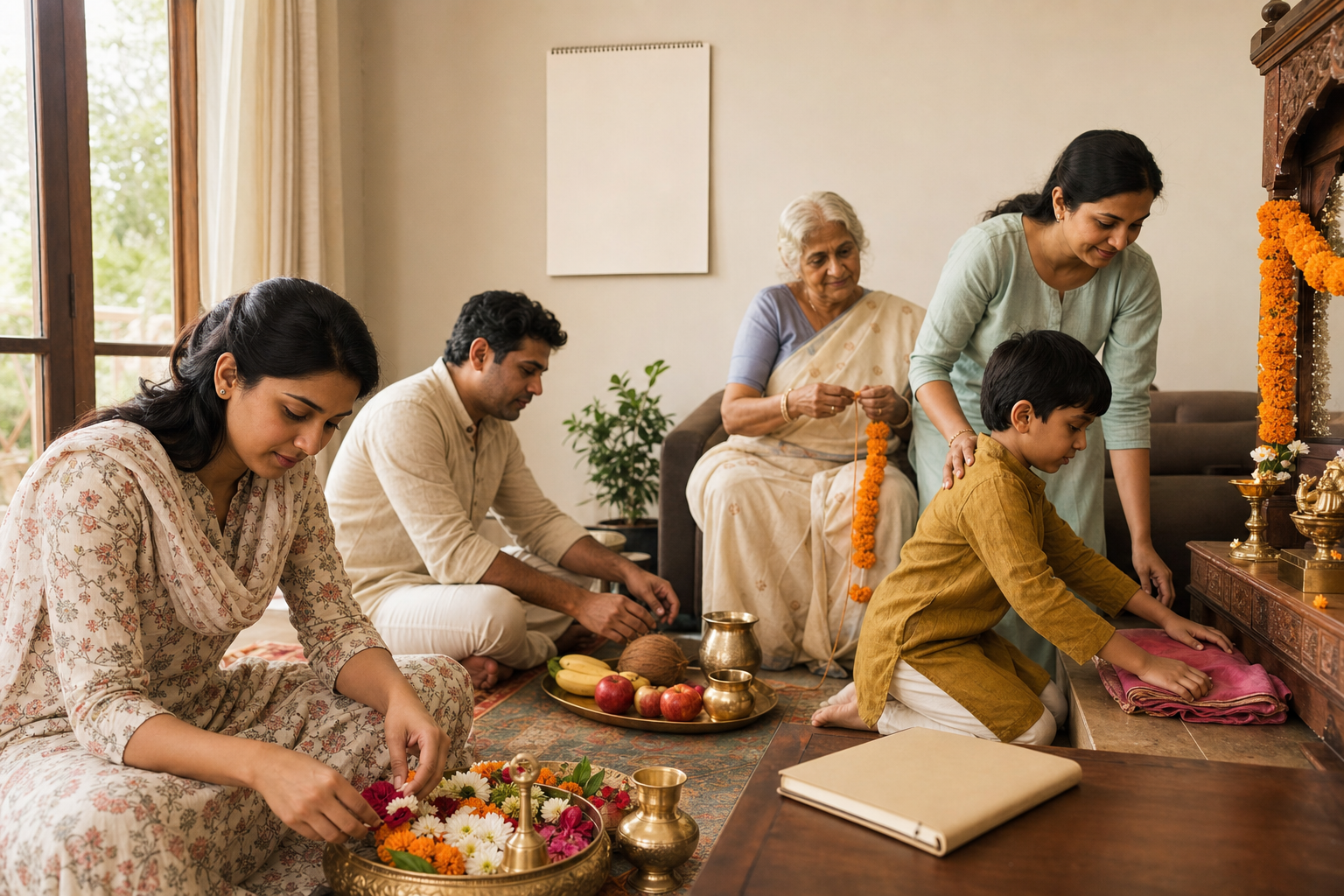 A multigenerational family prepares flowers, fruit, water, brass vessels and cloth for a home observance.
