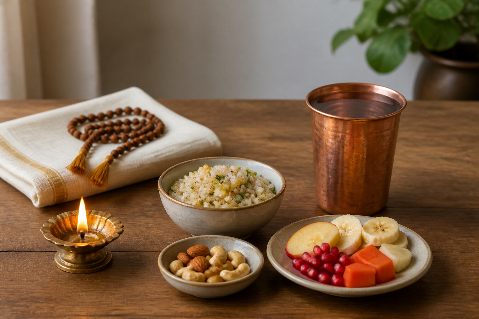 Fresh fruit, soaked nuts, a small bowl of fasting food, water, prayer beads and a lit diya rest on a wooden table.
