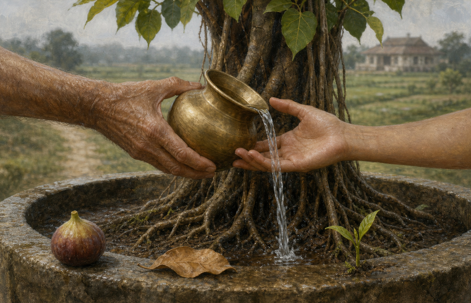 An older person passes a brass water vessel to a younger person as water pours into the roots of a banyan sapling.