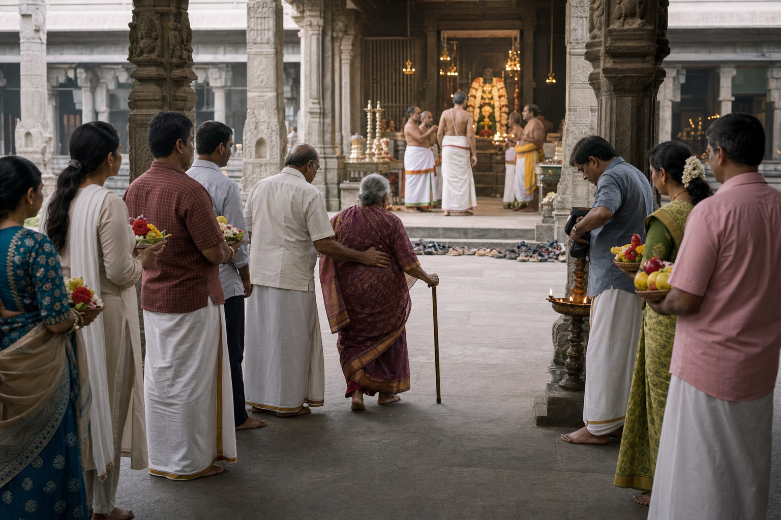 Devotees wait quietly in an orderly temple queue, carry small offerings, assist an elderly visitor, and keep the ritual passage clear.