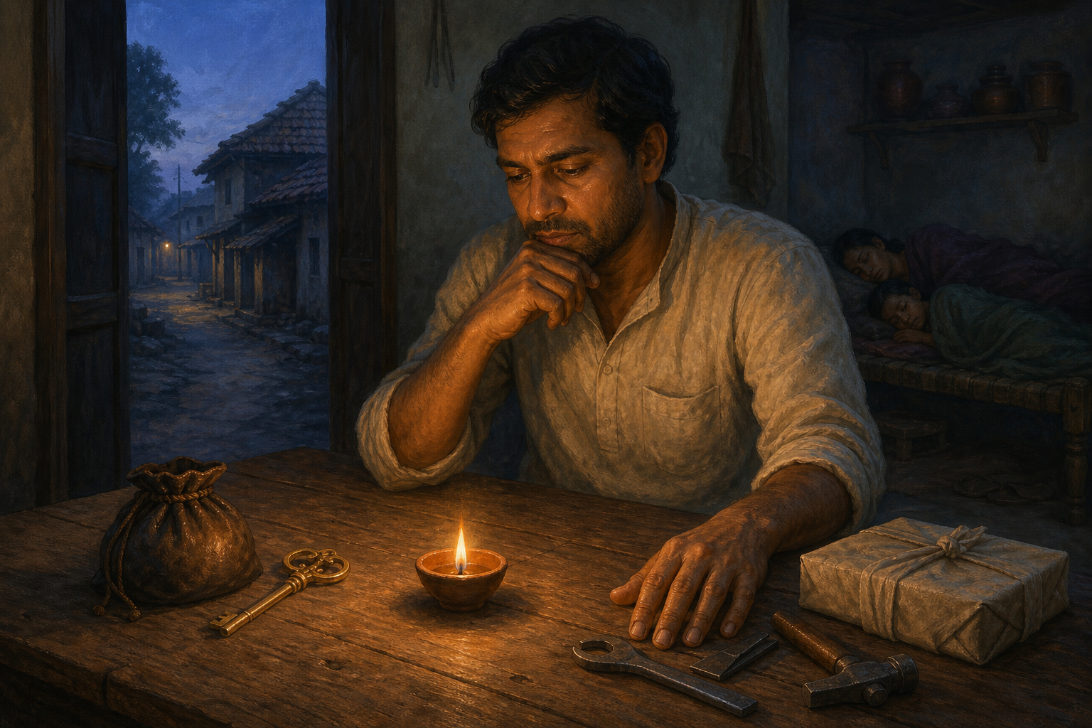 A person at a wooden table weighs a coin purse and key against a sealed parcel and work tools in the light of a clay lamp before dawn.