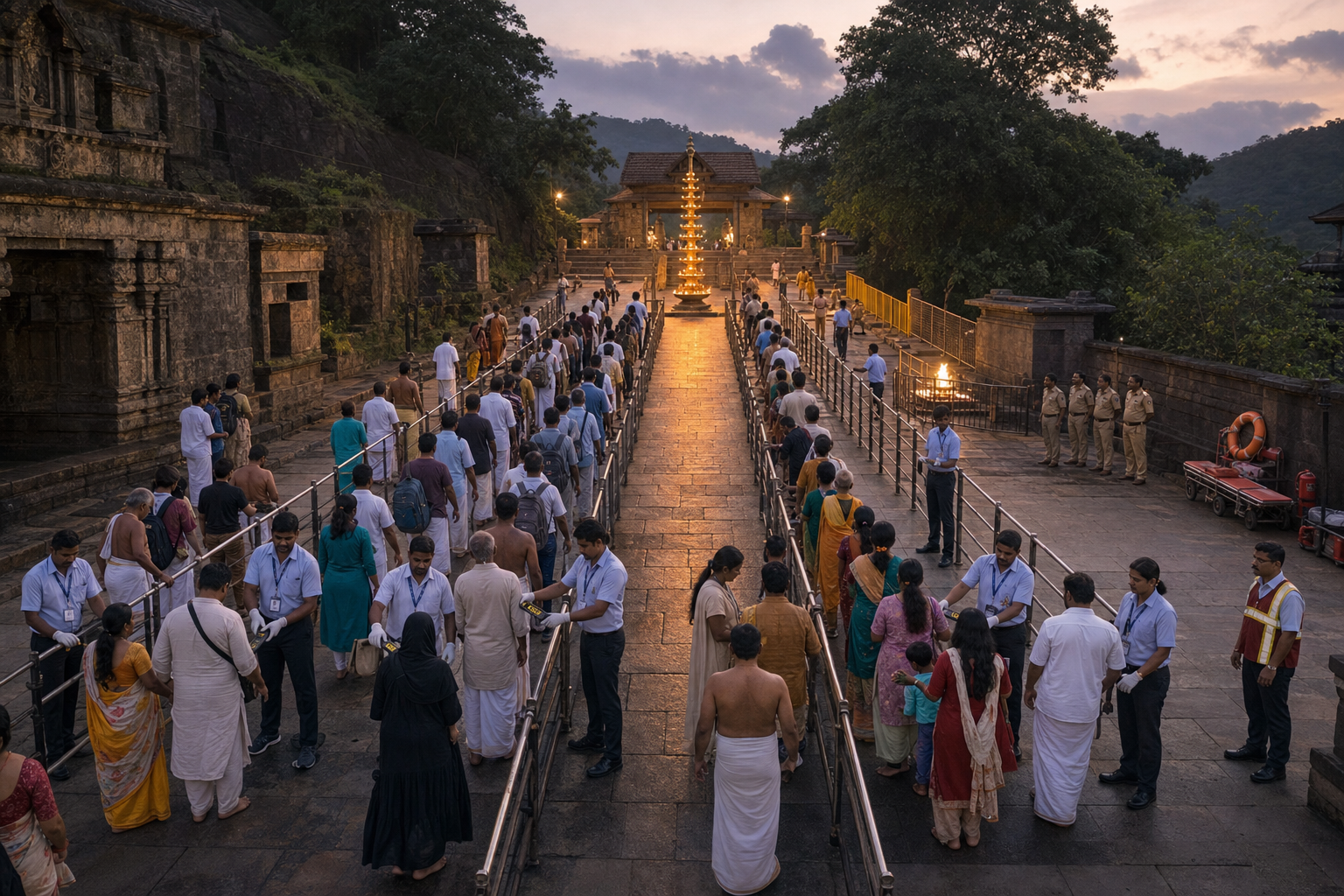 Worshippers pass through equal security lanes while limited barriers protect a heritage edge and an open-flame area beside an accessible ritual path.