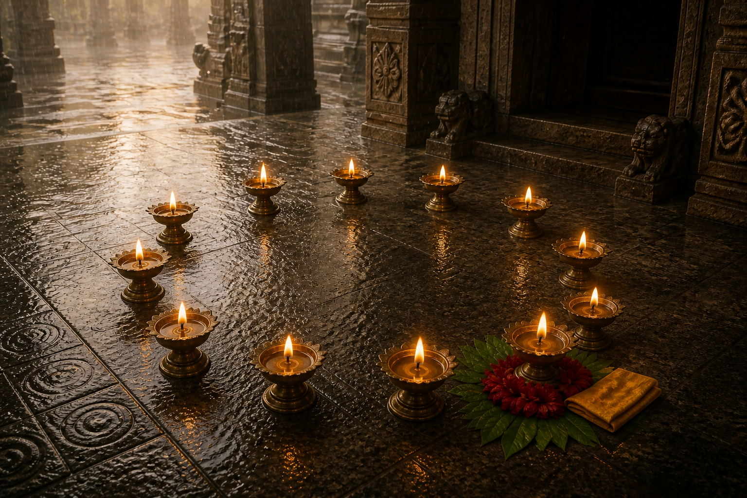 Twelve lit brass lamps form a circle on a rain-wet Tamil temple floor, with one lamp surrounded by red flowers, neem leaves, and turmeric-colored cloth.