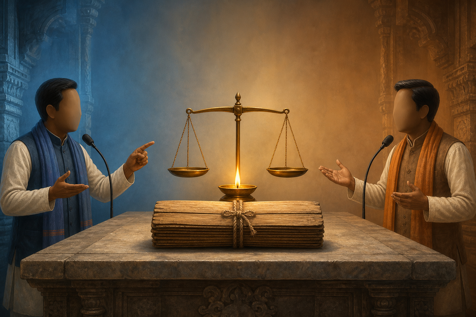 A closed palm-leaf manuscript and balanced brass scale sit between two generic political speakers at microphones, with a lamp glowing behind them.