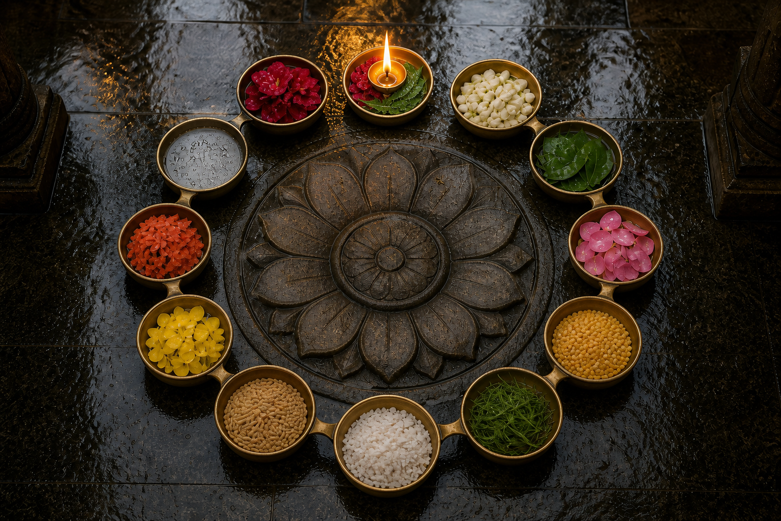 Twelve brass offering bowls encircle a stone lotus medallion, with one bowl holding rainwater, red flowers, neem leaves, and a small flame.