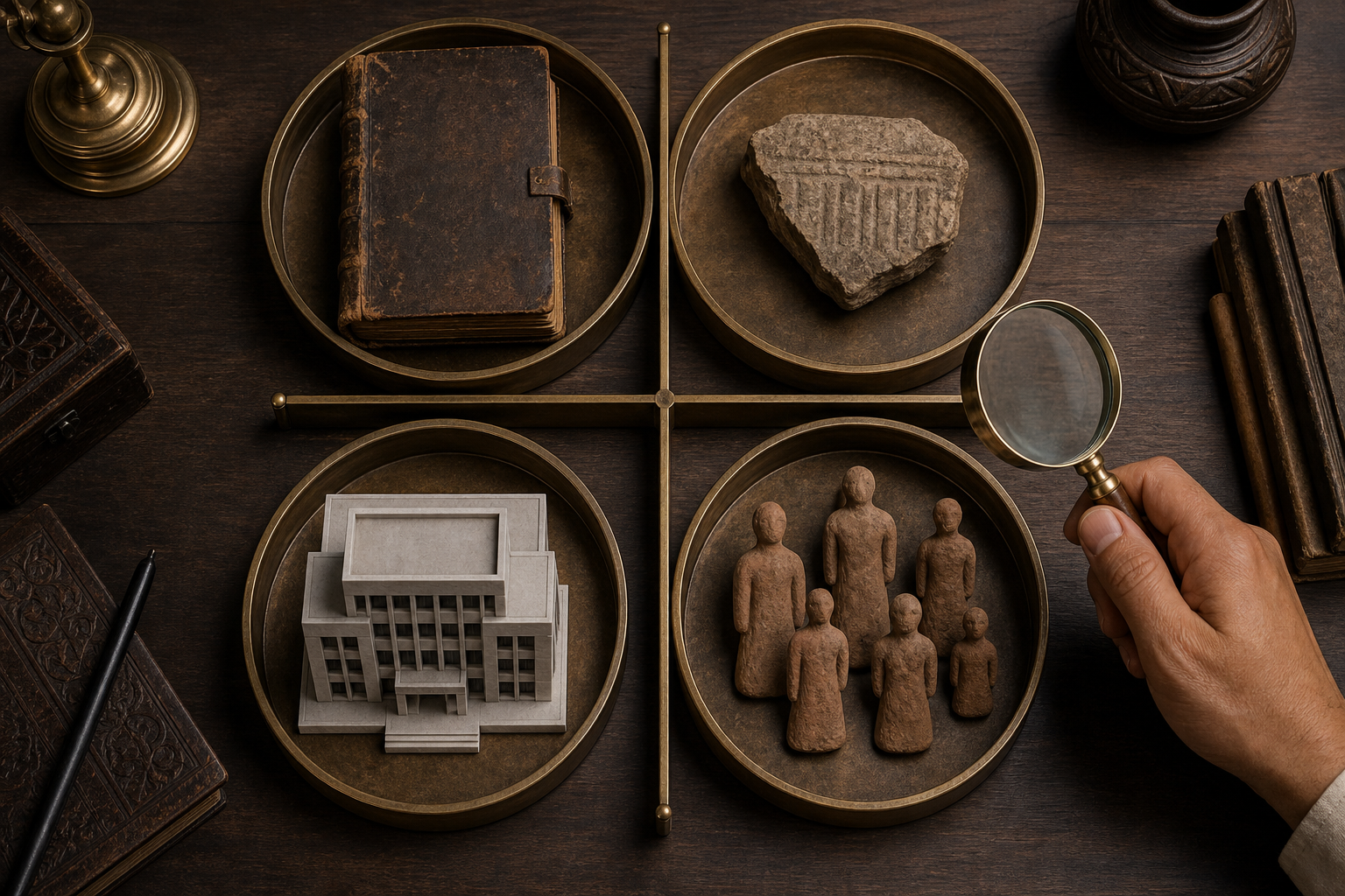 Four separate trays hold a closed manuscript, a stone artifact, a government building model, and clay figures while a hand examines them with a magnifying lens.
