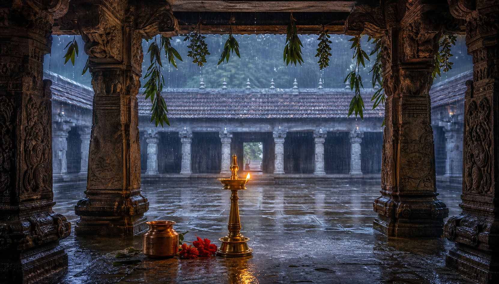 A brass lamp burns under a stone temple pavilion while monsoon rain falls beyond the roof and reflects on the granite floor.