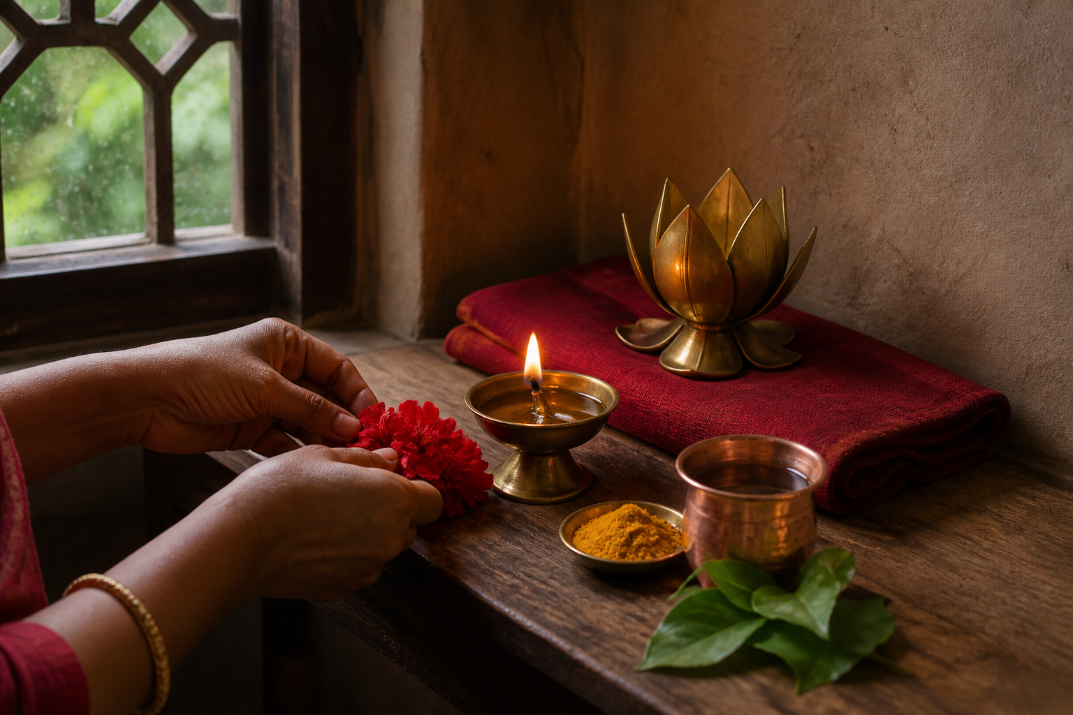 A devotee's hands place red flowers beside a brass lamp, copper water cup, turmeric, green leaves, folded cloth, and a brass lotus on a simple shrine shelf.